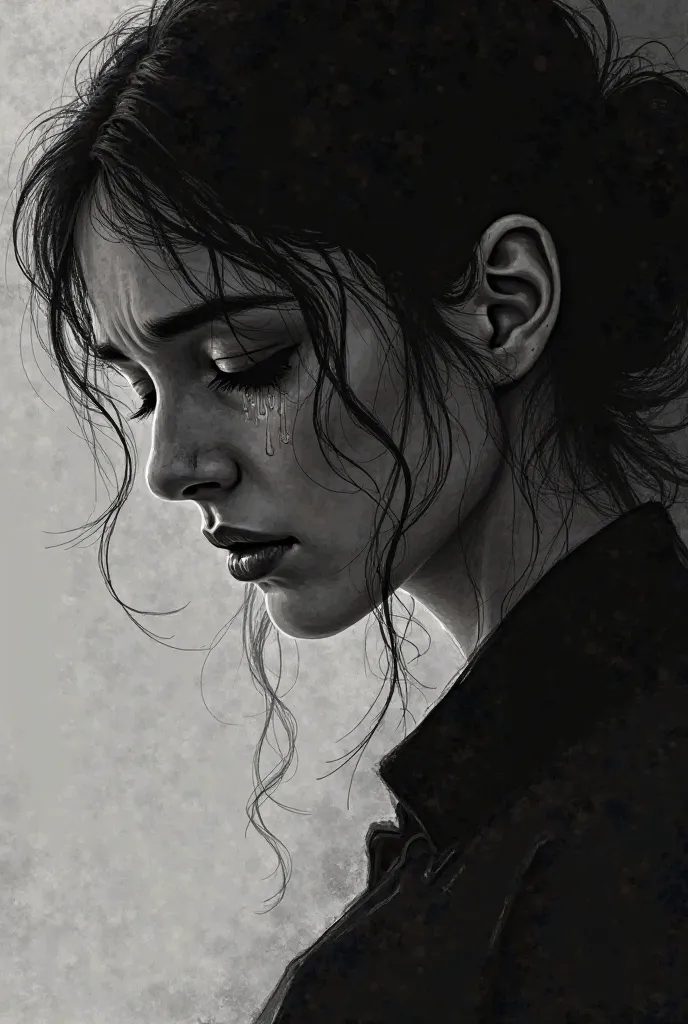 Make a face of a woman in black and white in profile with sad tears