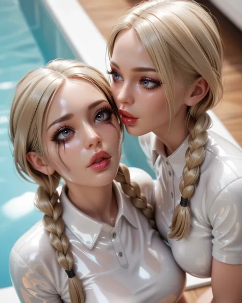 2 girls, There are  ,    in an extremely tight  , shiny silver latex polo shirt, low double braids  ,  blonde hair, head tilted back,large ,   long fingernails  , long lashes,  large lips, isometric view,   very strong shiny skin, permanent makeup,  lens r...