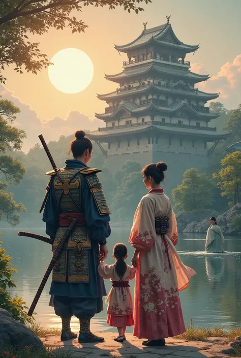 image of a samurai and his spouse and two girls aged 12 and 5 with their castle in the background 