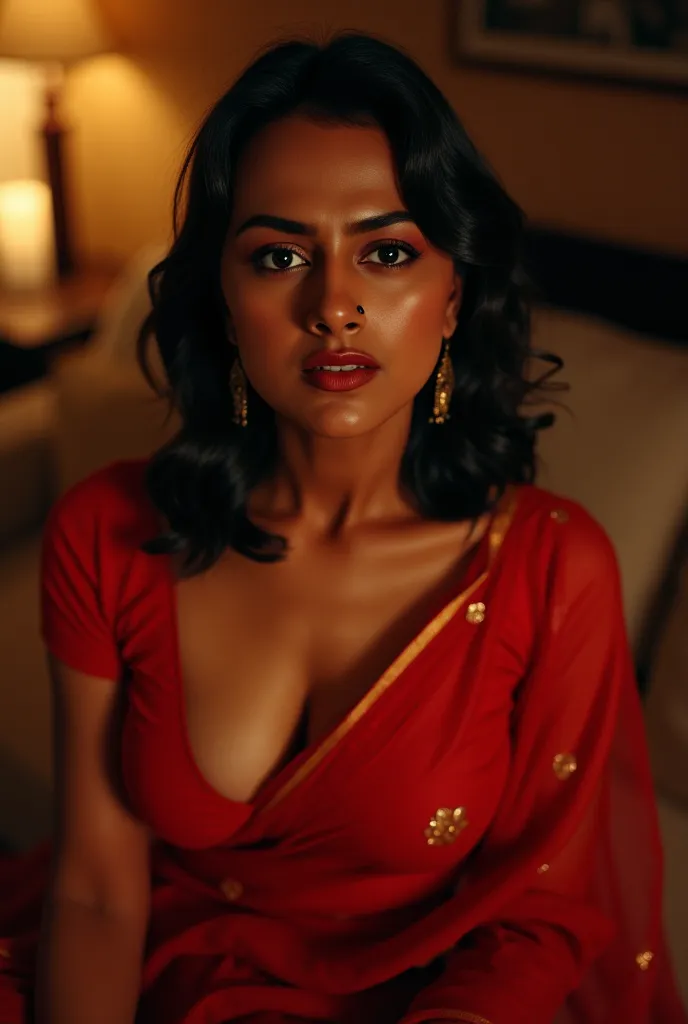 beautiful indian woman, she is a very simple indian woman, she is in for a one night stand, she is sitting on the couch in her room, showing her cleavage and seducing me, looking camera, she wears no make up, there is a bindi between her eyebrows, no ornam...