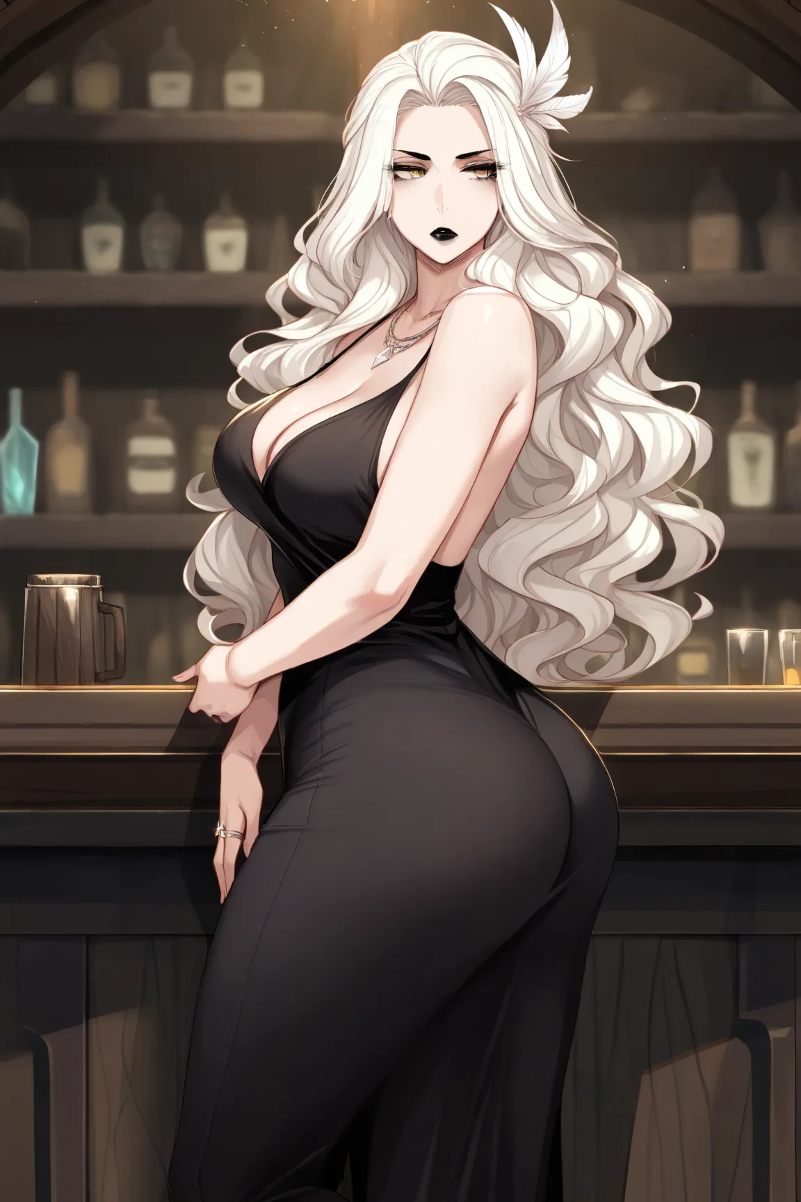 Female, bored look, white long wavy hair, white feather in her hair, a few strands hanging in her face, necklace, rings, Crystal yellow eyes, slender body, standing with her buttocks out, holding her hands on her waist, black lipstick, black makeup, black ...