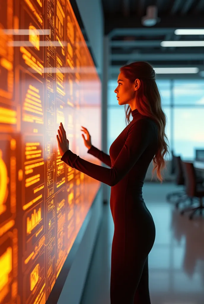 Beautiful woman in a futuristic office interacting with a digital wall with technology symbols in orange colors 