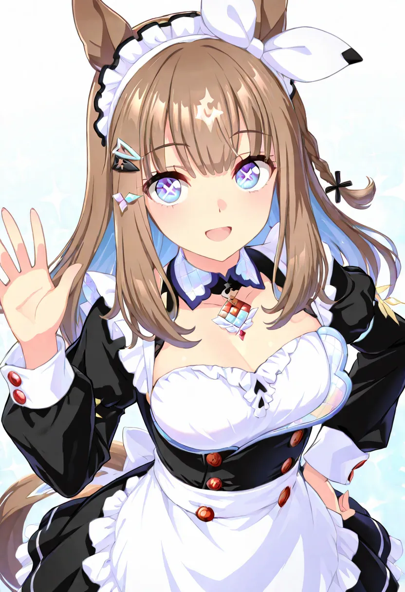 sfw,(Anime style), vibrant colors, almond eye \(umamusume\), horse girl, horse tail, bow, white hairband, white hair ornament, hairclip, diamond hair ornament,X-shaped pupils,(( maid clothes)) ,Long sleeves,(Perfect hands),(Perfect Anatomy),(perfect pussy)...