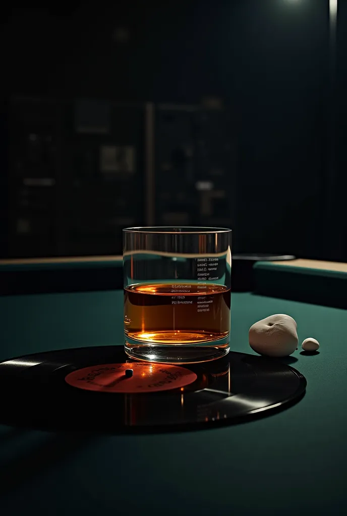 data, letters, glass with alcoholic beverage and a vinyl record on a pool table