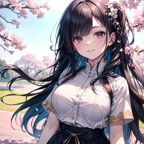 Casual Outfit,  Beautiful Cherry Blossom Trees , Wide angle view, pale blue decorative gown,  books, quietly leaning against a tree, wind, 
(solo:1.1), 
(one girl:1.2), ( detailed and perfect long black hair :1.2), ( detailed and perfect long black eyes :1...