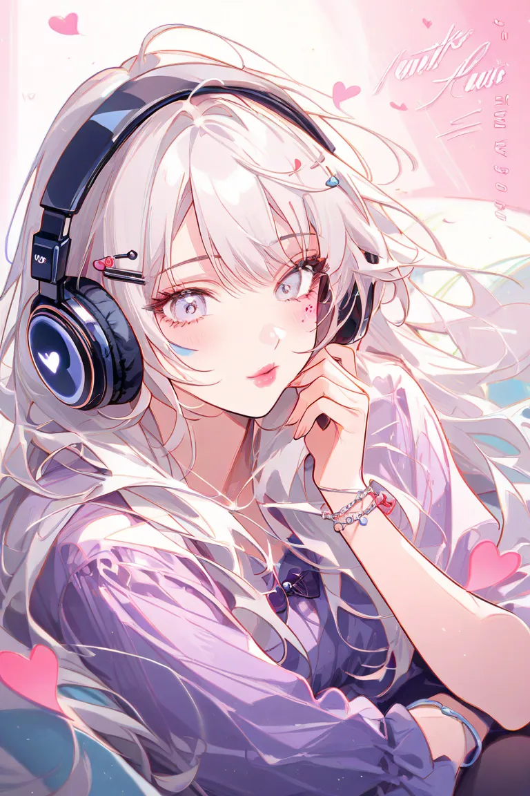 1 girl(Look down)、Heart、Electronic Sound(note)、Now Available( music)、Playing (sing)、 handwritten style、 white、Fluffy feeling 、headphones、cute face、Half Body、sits on the sofa、white hair、long hair、hair clip、white eyes、wink、Eye Makeup、light purple dress、Feath...