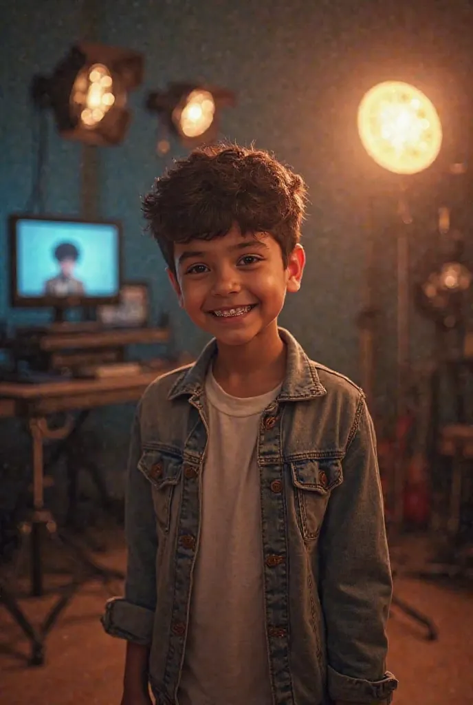   boy with black hair and very short social, half curly,  with braces,  in a video recording studio  