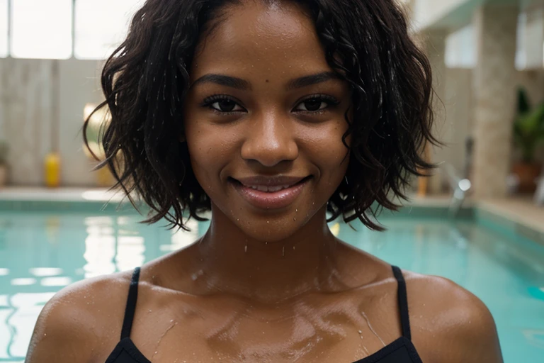 African black woman, very dark ebony skin, long wet curly frizzy hair, Fitness musclular body, smile, close-up portrait, white bikini, from face, indoor pool