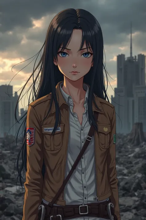 Create an original female character (OC) in the exact Attack on Titan anime art style. She has long black hair with bangs, styled naturally, and piercing blue eyes. Her fair skin is depicted with subtle shading that matches the anime’s realistic yet slight...