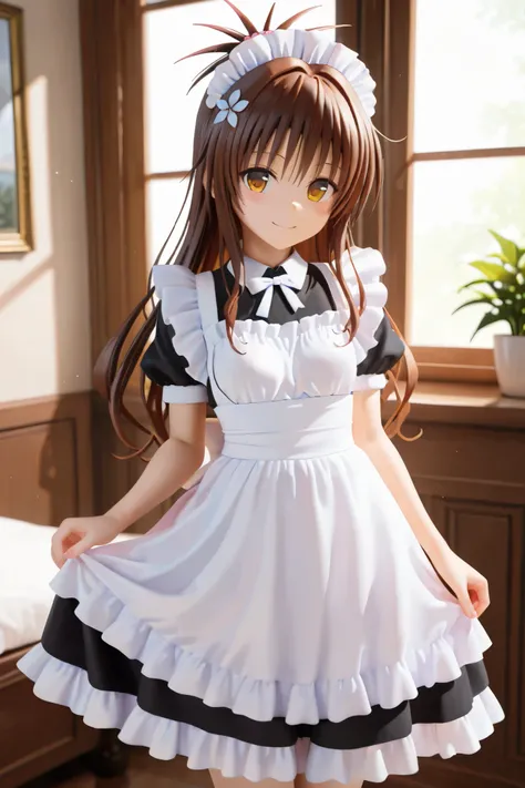 NSFW,masterpiece,Best Quality,Hi-Res,very detailed,Yuuki Mikan\(ToLOVEru), Hair、long hair、yellow eyes、hair ornaments close to the garden、Hair ties,maid clothes, classic maid