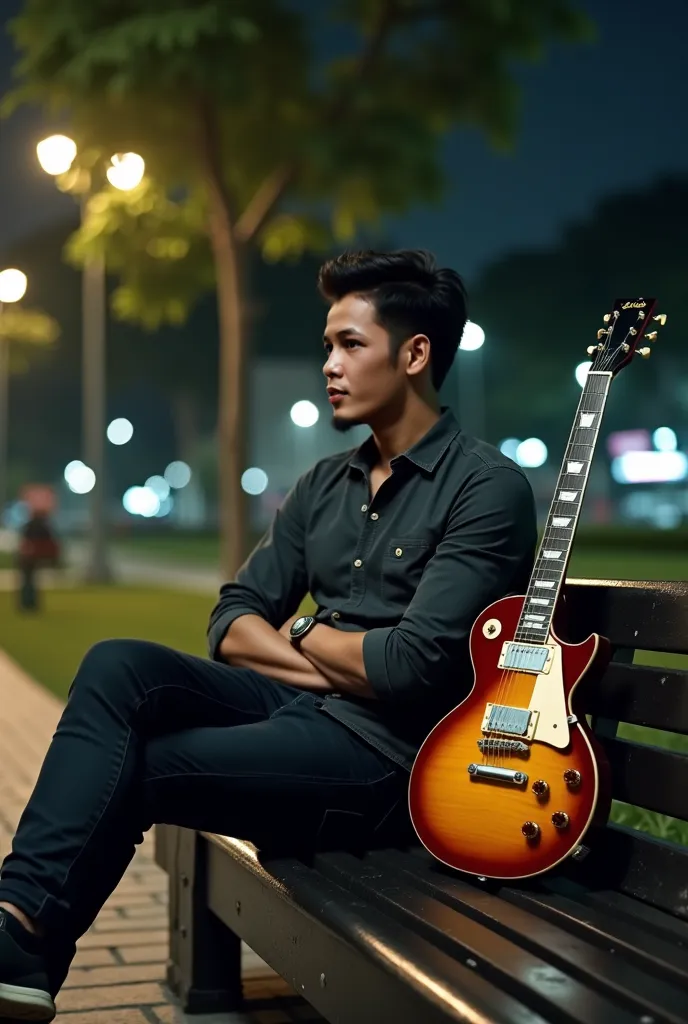 A 30-year-old Indonesian man with a stylish two-block haircut sits confidently on a park bench in a city park at night. Beside him rests a sunburst Gibson Les Paul guitar, its gleaming finish catching the soft light. His casual outfit consists of a dark gr...