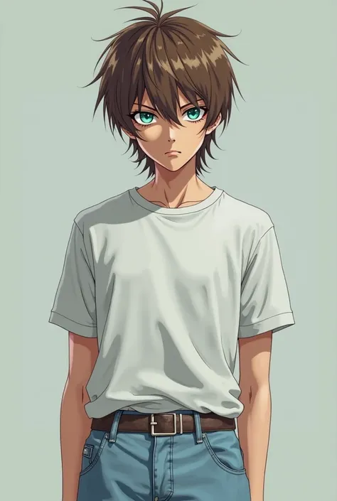 Light Yagami from Anime Death Note with green and blue eyes, brown modern mullet type hairstyle sides of hair short , with white t-shirt, light blue baggy fit jeans,

