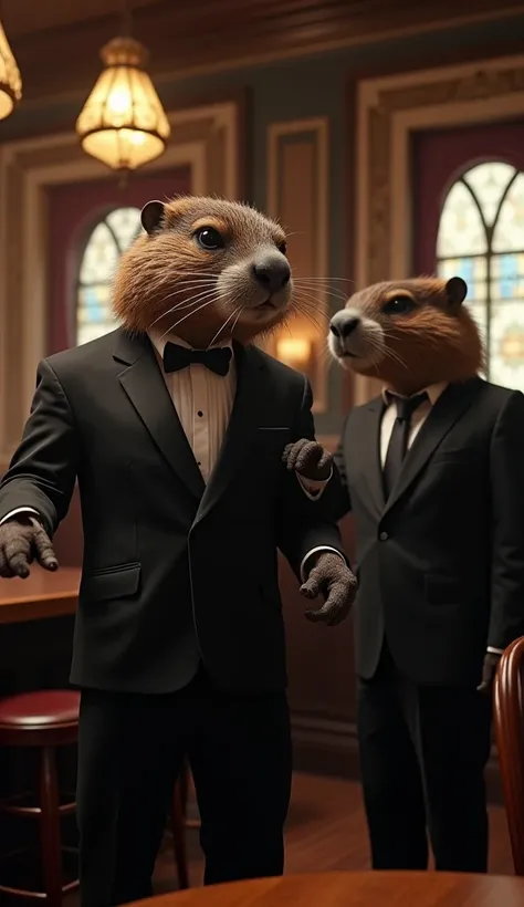 A tall, human-like Beaver dressed in a luxurious black suit, white shirt, and black tie, standing in a vintage British pub. The beaver has a serious and authoritative expression, gesturing as if giving orders. Another beaver in a black suit listens attenti...