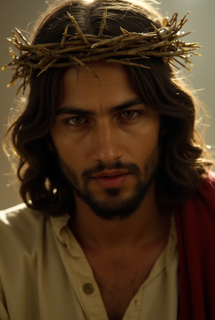 front image, Close-up image of Jesus Christ looking at the camera, with his crown of thorns ,  wearing a tunic , and him looking at the camera. And a red robe on your right shoulder