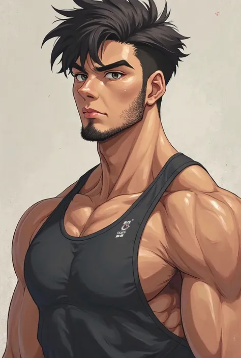 A realistic anime style college student with unkempt dark hair who is training muscles and has a big stubble body