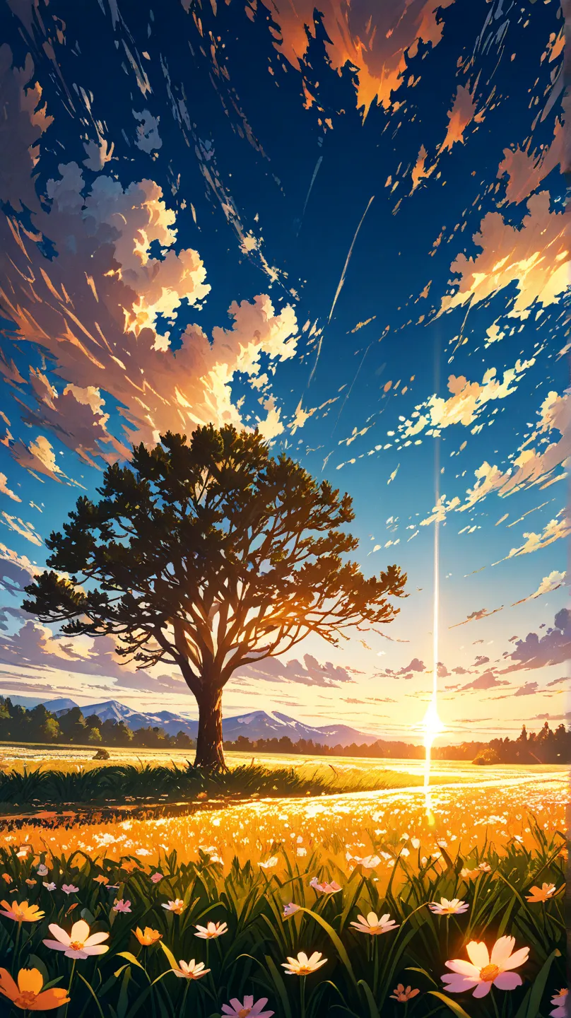 "A serene anime-style scene of an expansive open field, bathed in the warm golden light of a setting sun. The grass is lush and vibrant, with soft waves forming as a gentle breeze flows through. Scattered wildflowers in shades of orange, pink, and white ad...