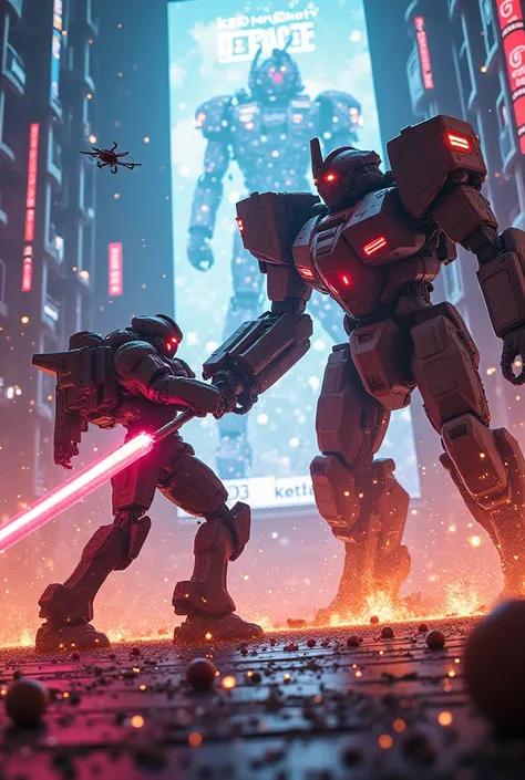 Two massive mechas engage in an explosive battle in the heart of a neon-lit metropolis. One is a sleek, high-tech machine with a glowing plasma sword, while the other is a bulky, armored beast with missile launchers. The streets below are filled with tiny ...