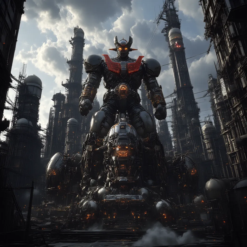  Modified Mazinger Z ,  Mazinger Z is 100 meters tall.   Constructed with modern materials such as steel  ,   Carbon Fiber  ,   Other industrial elements are also visible  ,  Just like the real thing  ,    I'm standing ahead at the height of a high-rise to...