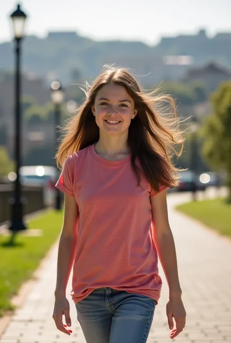 a girl walking confidently in a scenic urban or park setting, with gentle wind blowing her hair, her gaze naturally shifting, glancing at the surroundings, then making brief eye contact with the camera.

