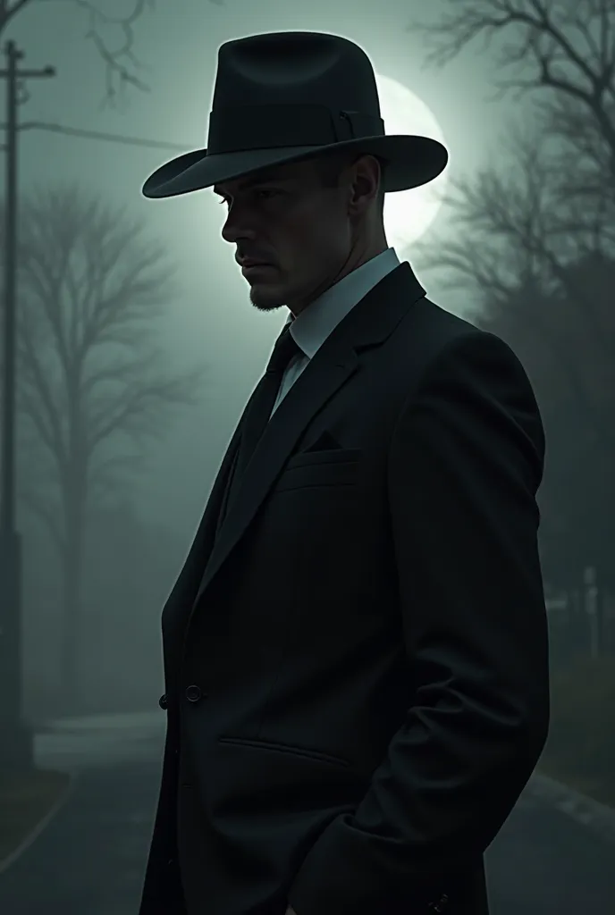 black man,  black suit, With black hat, man looking down, night, moon in the sky, mist