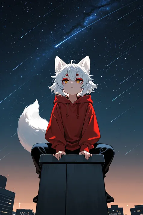 White short hair, fox hair, on top the building, hoodie, sitting, red eyeshadow, night sky, shooting stars