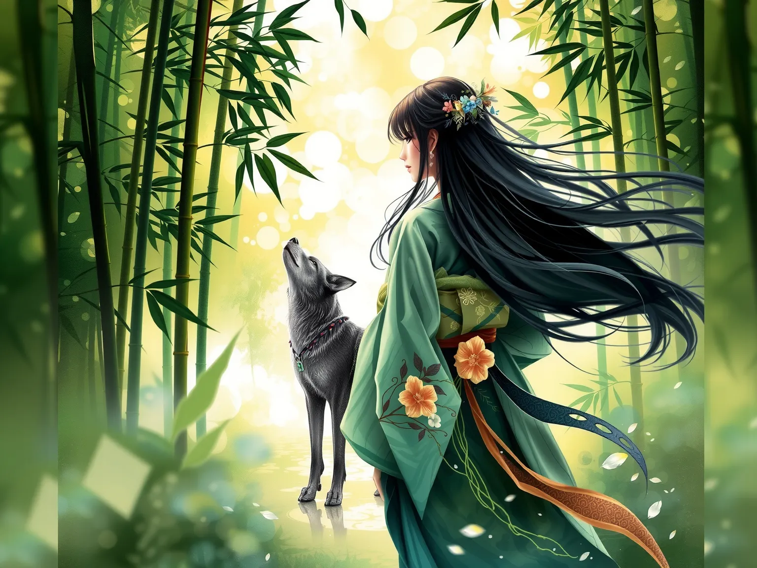 (( Top Quality,  nothing 、 masterpiece:1.4)),8k、Wind Spirit 、Watercolor and digital art、extremely detailed、A woman in a kimono walks through a bamboo forest、One side、Long green leaves、Fluttering Leaves 、A bamboo leaf swaying in the swirling wind, Flutterin...