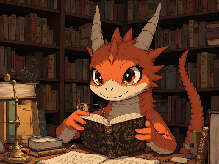 The theme is Dragon's Eye,Pick a book from the bookshelf、眼鏡をかけたDragon close-upアニメイラスト,The dragon is gentle and intelligent,Asymmetrical eyes with one eye glowing,The other eye is a rounded eye🌀,Round face with a soft expression,Snout slightly curled,Small ...