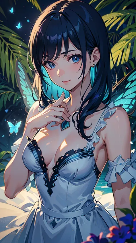 anime, pretty boy like a pretty girl with dark blue hair in very short dark blue hair、smile、flat chest、white dress shirt、dark blue skirt、Colorful Flowers々、Flying Butterflies 々, Front bust, best quality, 4K, 8k, high resolution, masterpiece, ultra-detailed,...