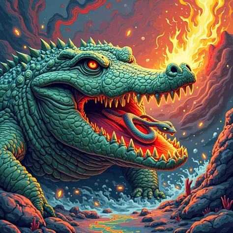 NFT 3d woodcut colorful alligator with snake 
 Angry giant shooting fire through the mouth flashy