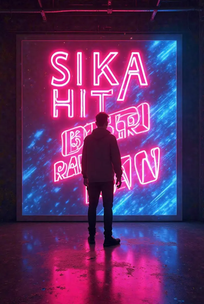 I want to create a giant screen with letters fluo that says SIKA also says HIT also say biri biri ram ran and the shadow of a male in front