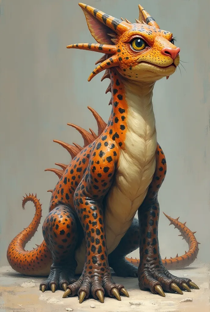 A dragon with a short leopard coat, It has no horns, large handles, big and sturdy chest, slender and muscular body, thick, muscular neck 