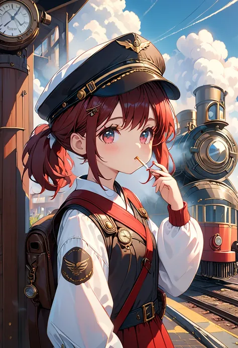 1 girl,  Pilot Cap  , Alone, steam punk, station, , steam, cigarette, masterpiece, Very Detailed,Hi-Res, 8k resolution for kindergarten ren, best quality,