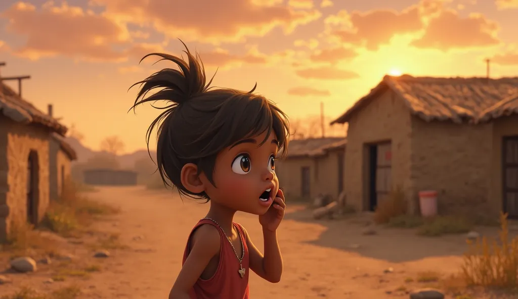  A young girl, Karuna, playing outside in a rural village setting. Suddenly, she hears her mother’s call and looks surprised. The village is filled with simple mud houses, a few ren playing in the background, and a warm sunset sky.