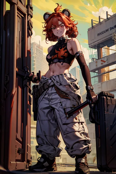 A small and pretty girl with a long waves fiery red hair, a headband with bear ears on her head. Orange eyes. She is wearing a black sleeveless top with a flame pattern, and a long black glove on her left hand. She also wears a white construction uniform w...