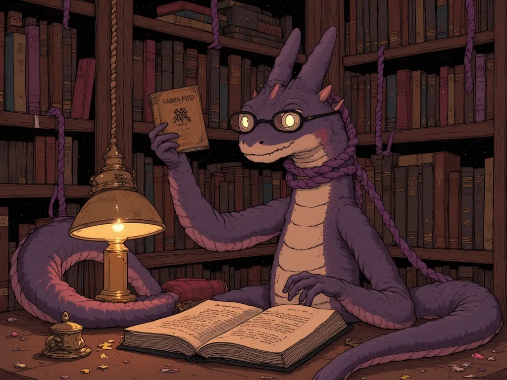 The theme is Dragon's Eye,Pick a book from the bookshelf、眼鏡をかけたDragon close-upアニメイラスト,purple rope in scholar style,The dragon is gentle and intelligent,Asymmetrical eyes with one eye glowing,The other eye is a rounded eye🌀,Round face with a soft expression...