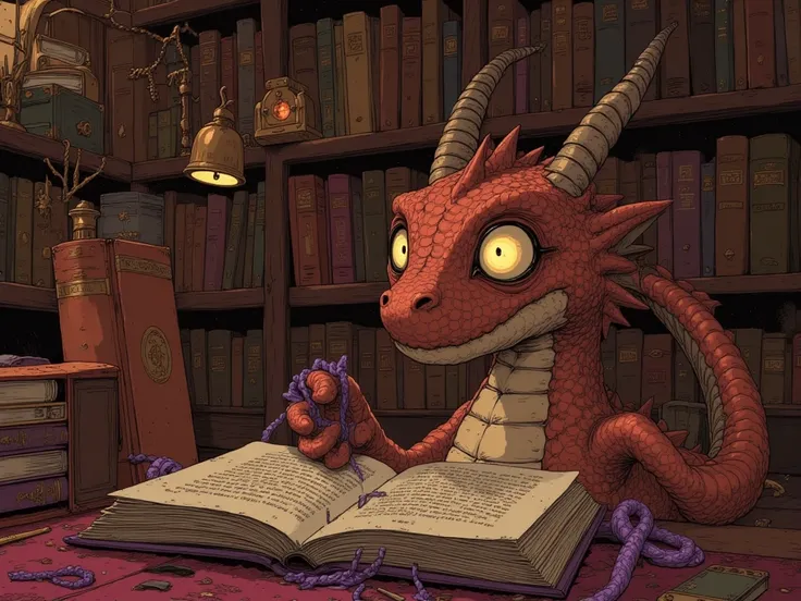 The theme is Dragon's Eye,Pick a book from the bookshelf、眼鏡をかけたDragon close-upアニメイラスト,purple rope in scholar style,The dragon is gentle and intelligent,Asymmetrical eyes with one eye glowing,The other eye is a rounded eye🌀,Round face with a soft expression...