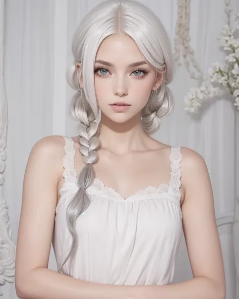 araffe woman with white hair and a white dress posing for a picture, with long white hair,  with long white hair , cabello blanco trenzado largo, Tifa Lockhart with white hair, white hime cut hairstyle ,   Loose white hair  , hairstyle with pigtails,   pal...