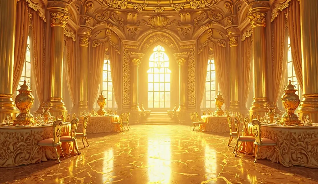  A grand palace interior where everything—tables, chairs, curtains, and vases—has turned into solid gold. cartoon type