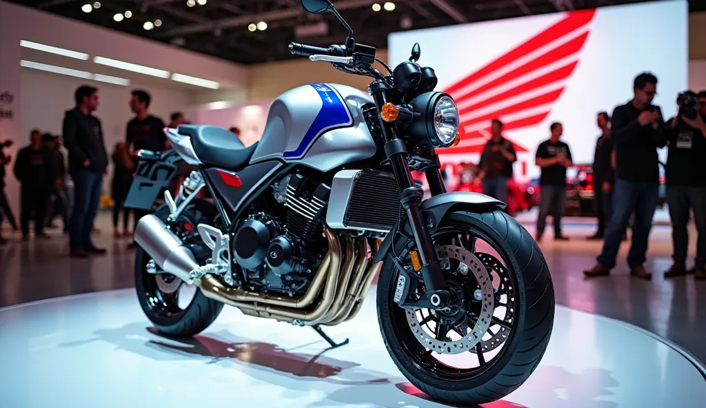 A brand-new 2025 Honda CB1000F displayed in a modern showroom. The bike features a striking neo-retro design with a muscular fuel tank, round LED headlamp, and a sculpted seat. The showroom has bright ambient lighting reflecting off the polished floor, wit...