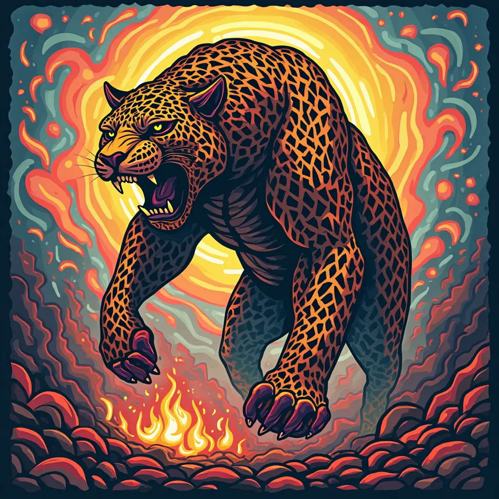 NFT 3d woodcut colorful jaguars 
 Angry giant shooting fire through the mouth flashy