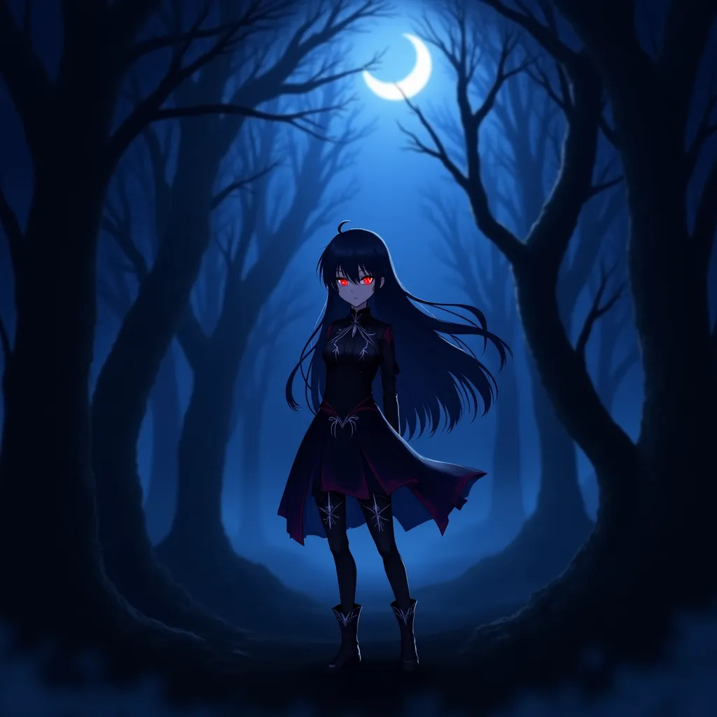 An anime character standing in a mysterious, shadowy forest under a crescent moon. The atmosphere is eerie and dark, with mist swirling around. The character has long, flowing black hair, glowing red eyes, and is wearing a gothic outfit with silver accents...