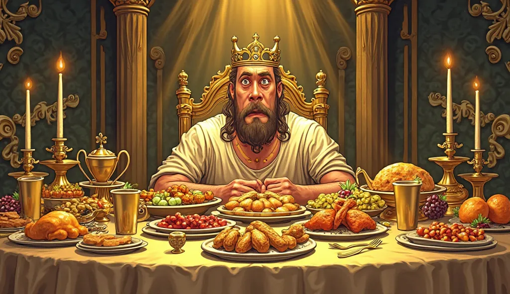 A dining table filled with golden plates, cups, and food, with Midas staring in despair as he realizes he cannot eat. cartoon type