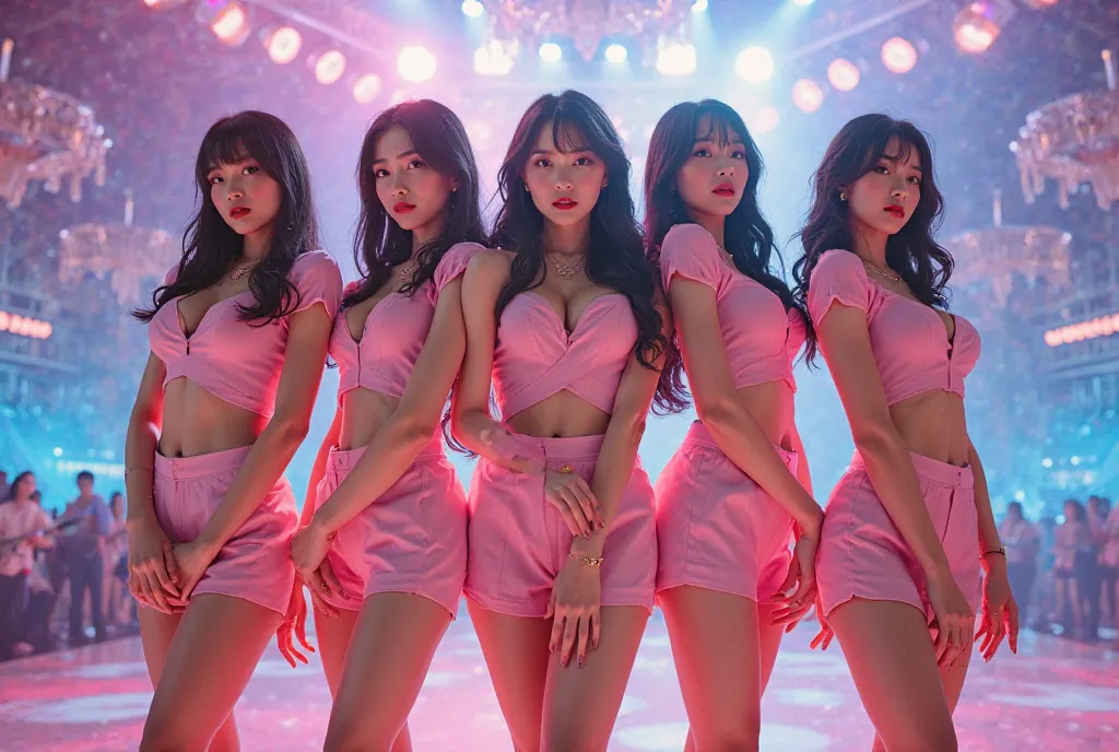 Korean idol group mannequins are posing on stage, is wearing a uniform,large breasts,looking at viewer.