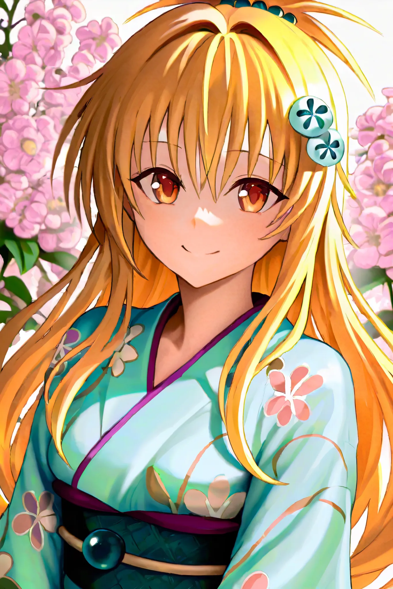 NSFW,masterpiece,Best Quality,Hi-Res,very detailed,Yuuki Mikan\(ToLOVEru), Hair、long hair、yellow eyes、hair ornaments close to the garden、Hair ties, kimono,yukata