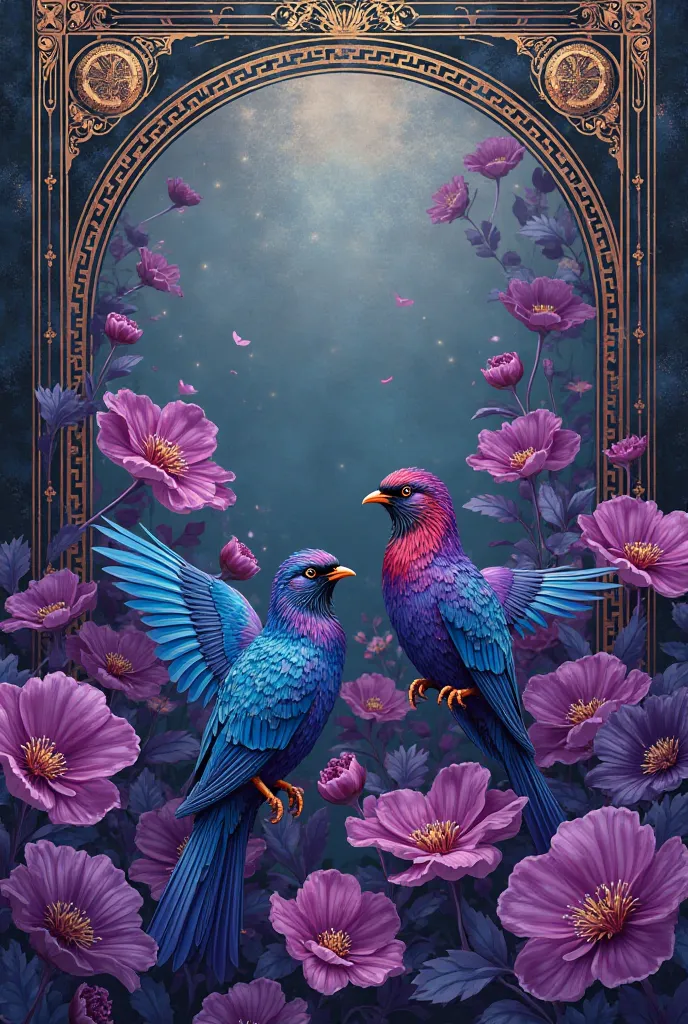 Birds and plants flowers purple art deco style