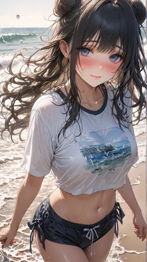  female 1 person, black hair, Age 25, ((Wear a bikini underneath a large t-shirt))、(((A bikini with an elegant shiny pattern)))), ((((shy, blush))),((messy hair, double hair bun)), (汗 soaked)( sexy)(((( medium breasts )))) (( puff up the cheeks))

( master...