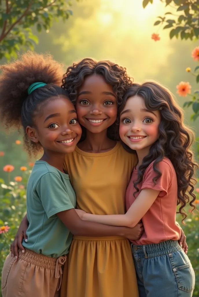 Young girls from different races happily standing holding each other 