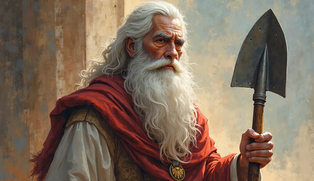 detailed illustration ratio creates a painting image of a man with a long white beard, digital painting, sots art, wearing Greek shovel ,  header with logo , Moses, 16:9