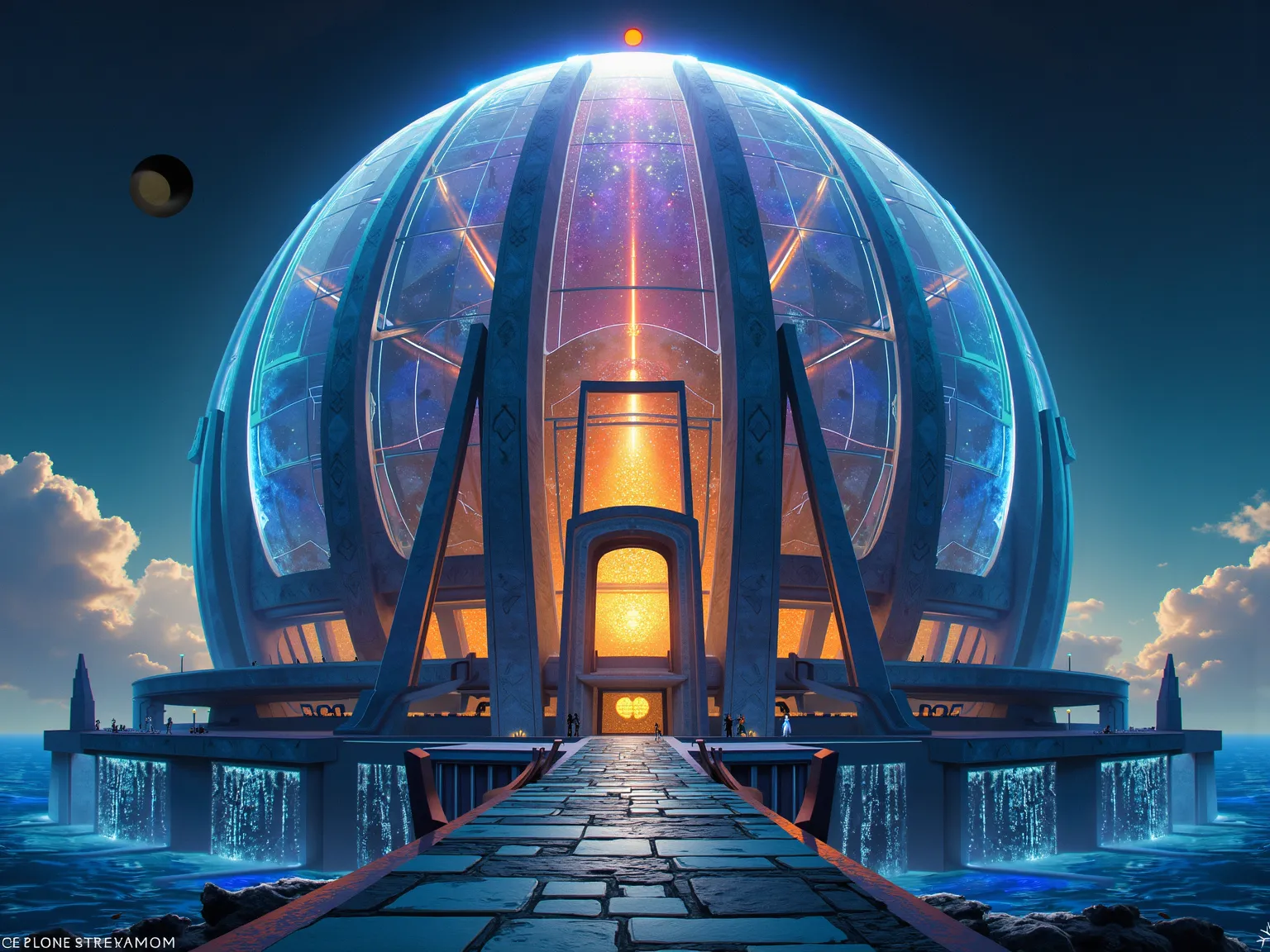 Jim Lee inspired comic book style The Eclipse Colosseum is a breathtaking, futuristic arena rising from the middle of the ocean, connected to the mainland by an illuminated sky bridge. Its massive transparent dome is embedded with holographic panels and sh...