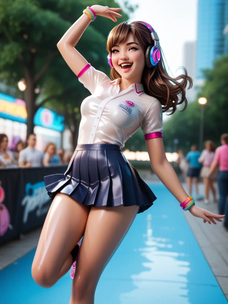   1 girl, is she in an amusement park,pointed hairlines ,  brown hair,   in extremely tight , shiny polo shirt pleated skirt, headphones, groaning, dancing,  very strong shiny skin, 